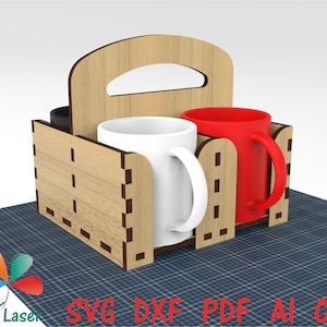 Lasercut files Coffee Mug Cup Carrier, Tabletop Mug Holder, Cup Holder, Wood Coffee Mug Holder. Vector CNC DXF files for laser cutting wood.