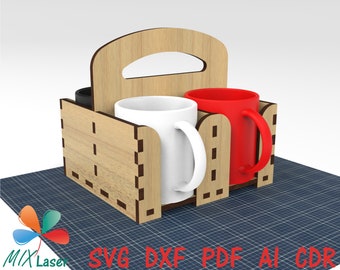 Lasercut files Coffee Mug Cup Carrier, Tabletop Mug Holder, Cup Holder, Wood Coffee Mug Holder. Vector CNC DXF files for laser cutting wood.