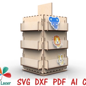 SVG Sticker Craft Show Roterende Display Rack Stand Laserontwerpbestanden. Vector DXF-bestanden voor lasergesneden hout. SVG lasergesneden projecten voor CNC.