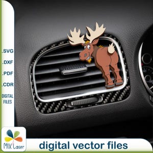 May include: A brown cartoon moose with large antlers is peeking out of a black car air vent. The air vent has a carbon fiber pattern. The image is for a digital vector file download.