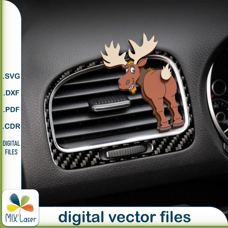 May include: A brown cartoon moose with large antlers is peeking out of a black car air vent. The air vent has a carbon fiber pattern. The image is for a digital vector file download.