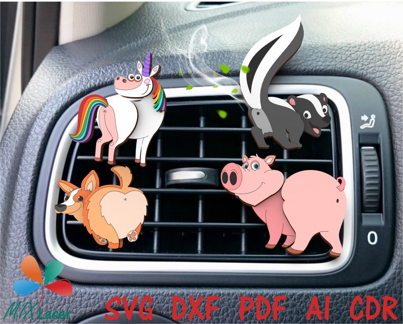 May include: Five colorful car air freshener designs featuring a unicorn, skunk, corgi, and pig. The designs are all facing the back of the animal, with the exception of the pig, which is facing forward. The air fresheners are displayed in a car's air vent.