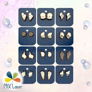 May include: A set of 10 pairs of wooden earrings featuring various seashell designs. The earrings are arranged in a grid on a blue background. Each pair of earrings is displayed on a separate white card.