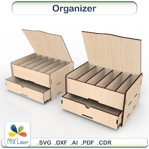 Desktop organizer with drawer SVG DXF Glowforge laser cut patterns. Digital Box vector files for storage jewelry, cards, and craft supplies.