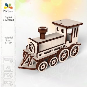 Modelo de tren cortado con láser (archivos SVG, DXF y CNC) – Plano de juguete de madera (descarga digital)