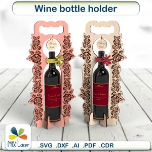 Exhibidor de portabotellas de vino SVG Glowforge, archivo de grabado y corte láser - proyecto de plantilla vectorial DXF de caja de vino de madera - Diseño CNC de botellas de regalo