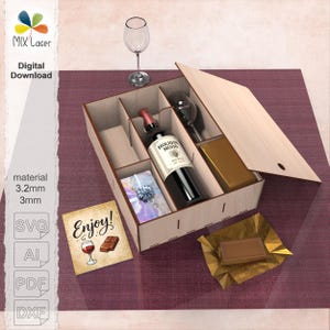 Wine Gift Packaging Box SVG Laser Cut, Sliding Lid Gift for 1 Bottle 2 Glasses, Christmas Holiday Present, DIY Personalized Wooden File