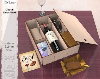 Wine Gift Packaging Box SVG Laser Cut, Sliding Lid Gift for 1 Bottle 2 Glasses, Christmas Holiday Present, DIY Personalized Wooden File