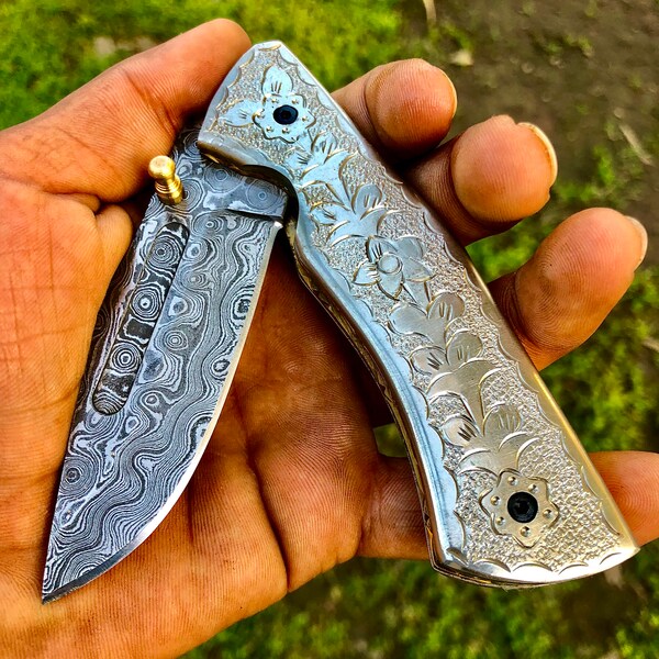 Damascus Steel Folding Knife Etsy