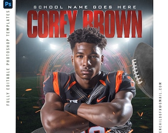Peut inclure: Un graphique numérique représentant un joueur de football américain portant un maillot noir et orange avec le numéro 38 sur le devant. Le joueur est debout sur un terrain de football avec un arrière-plan flou. Le texte "COREY BROWN" est affiché en rouge en haut du graphique. Le texte "SCHOOL NAME GOES HERE" est affiché en blanc au-dessus du nom du joueur. Le texte "#38 POSITION" est affiché en blanc sous le numéro du joueur.