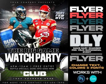 Super Bowl 2025 Einladung Flyer Vorlage, benutzerdefinierter Super Bowl LVIII Flyer, Bearbeiten auf Canva Super Bowl Flyer, Super Bowl Flyer Photoshop PSD