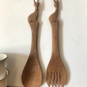 hand carved wooden animal salad servers
