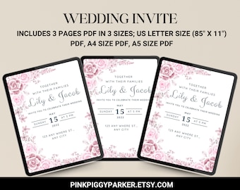 Floral Wedding Invitation Template - Editable Canva Design (Digital Download)