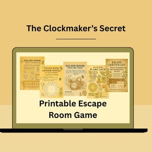 Puede incluir: Una pantalla de portátil muestra un juego de escape imprimible titulado "The Clockmaker's Secret". La pantalla muestra varias páginas de rompecabezas con texto e ilustraciones, incluyendo "Escape Room: Solve the Riddles!" y "Escape Room: Find the Code!". Las palabras "Printable Escape Room Game" también son visibles.