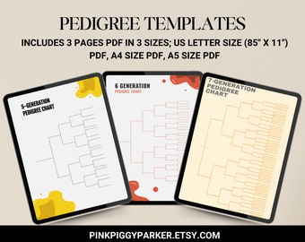 May include: Three digital tablet screens displaying printable pedigree charts in three different sizes: 5-generation, 6-generation, and 7-generation. The charts are designed with a simple, clean layout and are perfect for organizing family history.