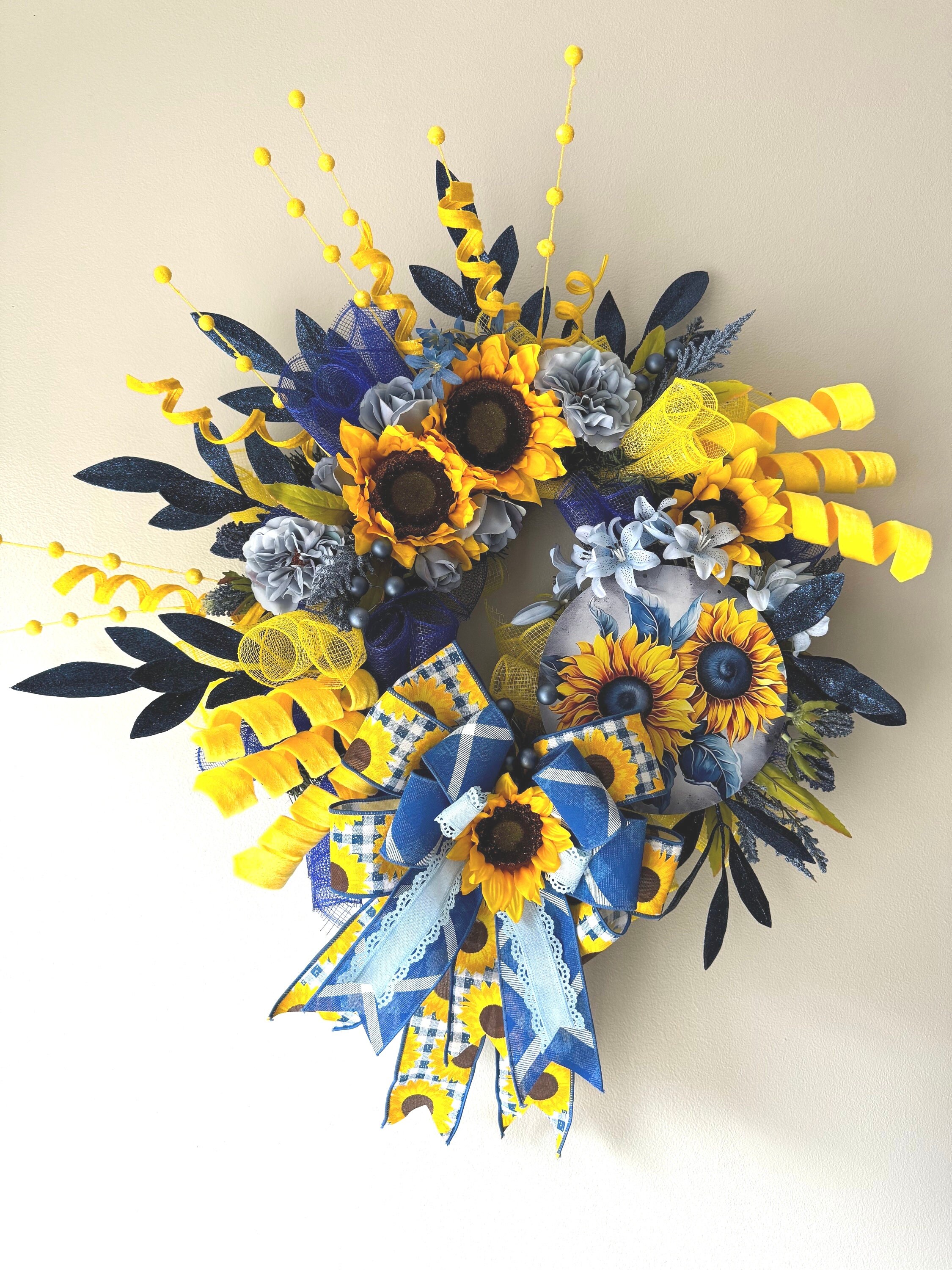 28" Yellow Sunflower Blue Roses Sign Wreath Swag