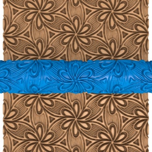 May include: Blue plastic rolling pin with a floral pattern. The rolling pin is used to create decorative patterns in fondant, clay, or dough.