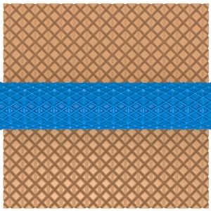 May include: A blue rolling pin with a diamond pattern, rolling over a brown waffle-like surface.