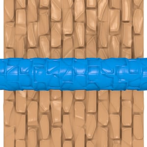May include: Blue plastic rolling pin with a stone pattern design. The rolling pin is used to create a stone wall effect on fondant or clay.