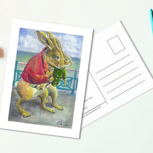Carte postale fantaisie sur le thème de Brighton - lapins mignons - animaux fantaisistes - aquarelle peinte à la main - promenade de Brighton.