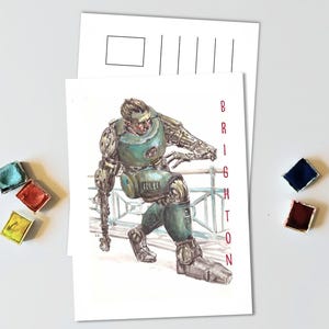 Carte postale fantaisie sur le thème de Brighton - homme en costume mécanique - fantaisiste - fantastique science-fiction - aquarelle peinte à la main.