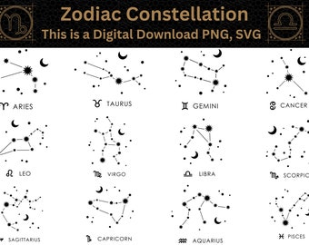 Zodiac Constellation Stars PNG SVG Set,  Digital Celestial Artwork for Astrology Enthusiasts, Zodiac Sign png svg,