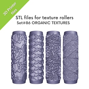 May include: Four cylindrical purple texture rollers for 3D printing, labeled as STL files for texture rollers Set#86 ORGANIC TEXTURES. Each roller features a distinct embossed pattern: irregular spots, overlapping scales, petal shapes, and leaf veins.
