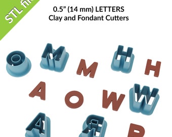 May include: A set of 14 mm (0.5 inch) plastic cookie cutters in blue and brown, shaped like the letters A, H, M, O, R, and W. The letters are for making fondant or clay decorations.