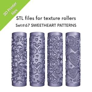May include: Four cylindrical texture rollers with various embossed patterns. The rollers are a muted purple color and feature designs of hearts, swirls, and swans. Text on the image reads "STL files for texture rollers" and "Set#67 SWEETHEART PATTERNS."