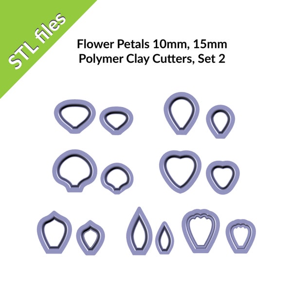 Petals Polymer Clay Cutters, orchid, poppy, pansy, lily, seven shapes in two sizes 10mm and 15mm, downloadable STL files for 3D printing