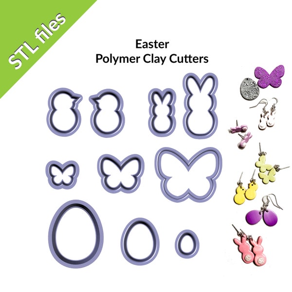 Easter Polymer Clay Cutters, Bunny, Egg, Chick, Butterfly shapes, downloadable STL files for 3D printing, 10mm, 20mm, 30mm