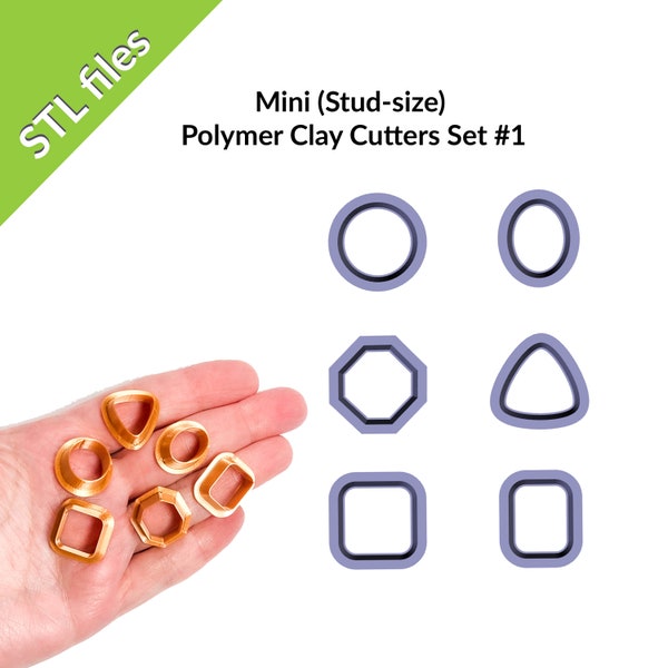 Mini Polymer Clay Cutters, six shapes 0.6" (15mm) perfect for studs, circle, square, triangle, oval, octagon, rectangle, Set #1, STL files