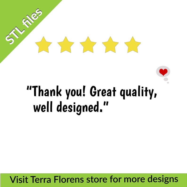 May include: Five yellow stars with a red heart in a thought bubble. The text "Thank you! Great quality, well designed." is below the stars. The text "Visit Terra Florens store for more designs" is at the bottom of the image.