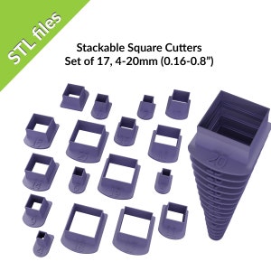 Precision square cutters, 4-20mm in 1mm increments, stackable,  set of 17, downloadable STL files for 3D printing