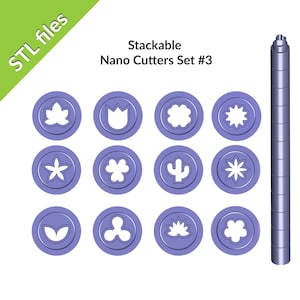 Polymer Clay Nano Cutters Set #3, downloadable STL files, stackable 6mm cutters, set includes twelve shapes, cactus, flower, tulip, leaf