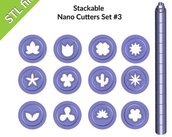 Polymer Clay Nano Cutters Set #3, downloadable STL files, stackable 6mm cutters, set includes twelve shapes, cactus, flower, tulip, leaf