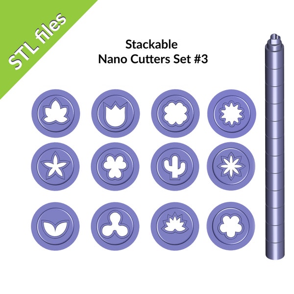 Polymer Clay Nano Cutters Set #3, downloadable STL files, stackable 6mm cutters, set includes twelve shapes, cactus, flower, tulip, leaf