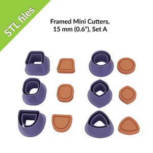 May include: Set of nine purple and orange plastic cookie cutters, each with a different shape, including a circle, square, oval, heart, and triangle. The cutters are 15 mm (0.6 inches) in diameter. "Framed Mini Cutters, 15 mm (0.6"), Set A" is written in black text at the top of the image.