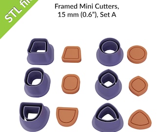 Framed Mini Polymer Clay Cutters, embossing cutters, six shapes 0.6" (15mm), perfect for studs, Set A, STL files for 3D printing