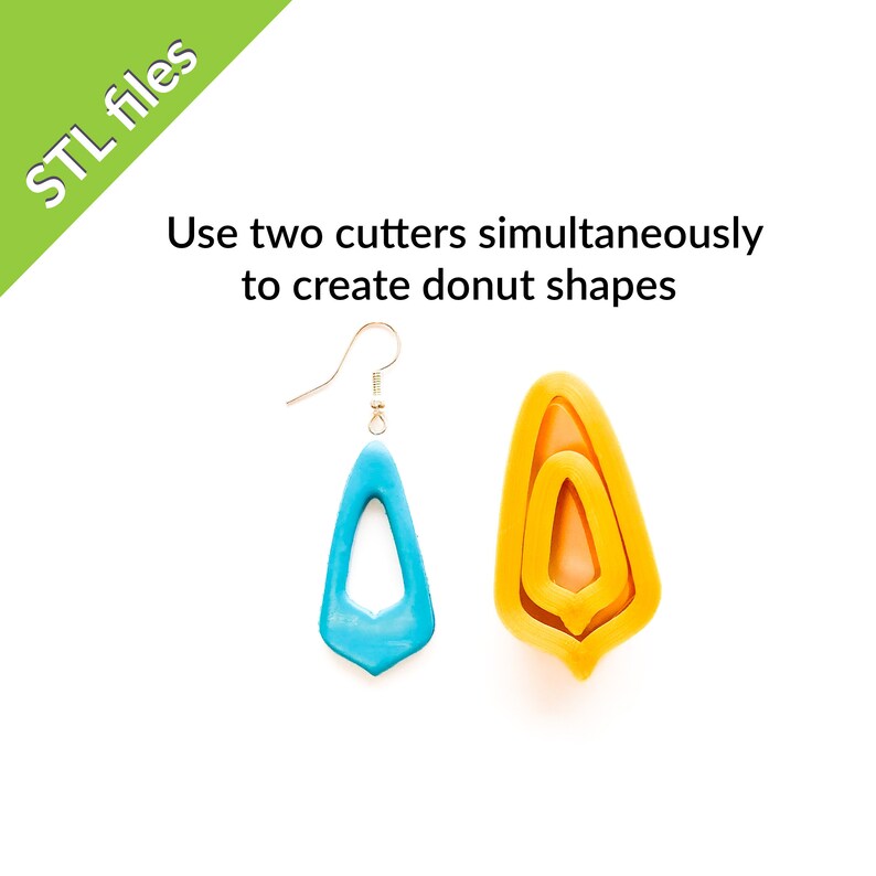May include: Two pairs of earrings, one blue and one yellow, are shown on a white background. The earrings are shaped like teardrops with a hole in the middle. The text "Use two cutters simultaneously to create donut shapes" is also shown in the image.