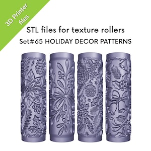 May include: Four cylindrical texture rollers with holiday-themed patterns. The rollers are a muted purple color and feature designs of poinsettias, bows, ornaments, and bells. Text on the image reads "STL files for texture rollers" and "Set#65 HOLIDAY DECOR PATTERNS."