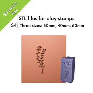 May include: A 3D-printed clay stamp with a floral design, shown in a light purple color. The image includes a stamp impression on a copper-colored surface. Text on the image reads "STL files for clay stamps" and lists sizes of 30mm, 40mm, and 60mm.