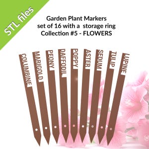 STL Garden plant markers, FLOWERS Set 5, garden stakes, plant markers, set of 16 with a storage ring, downloadable  files for 3D printing