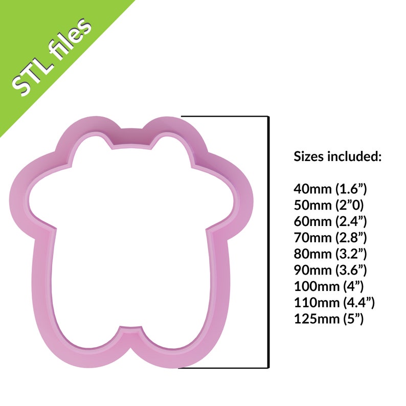 May include: A pink plastic cookie cutter in the shape of a bear. The cutter is shown in various sizes, ranging from 1.6 inches to 5 inches in diameter. Sizes included: 40mm (1.6"), 50mm (2.0"), 60mm (2.4"), 70mm (2.8"), 80mm (3.2"), 90mm (3.6"), 100mm (4"), 110mm (4.4"), 125mm (5").