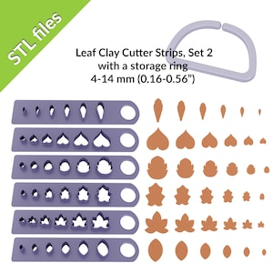 May include: Set of five purple plastic strips with different sized leaf-shaped cutters. Each strip has a hole for hanging. The cutters range in size from 0.16 to 0.56 inches. The set also includes a purple plastic storage ring. Leaf Clay Cutter Strips, Set 2 with a storage ring 4-14 mm (0.16-0.56")