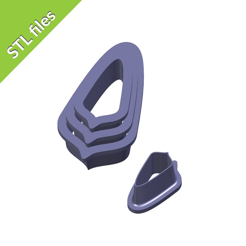 May include: Three purple plastic cookie cutters in the shape of a pointed oval. The cutters are stacked on top of each other. There is a smaller, separate cutter in the same shape to the right of the stacked cutters.