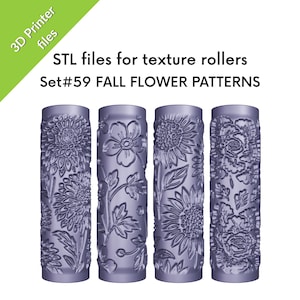 Puede incluir: Cuatro rodillos de textura cilíndricos con patrones florales. Los rodillos son de color púrpura apagado y presentan diseños detallados de varias flores y hojas. El texto de la imagen dice "STL files for texture rollers" y "Set#59 FALL FLOWER PATTERNS."