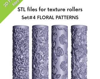 ポリマー粘土用 STL テクスチャ ミニ ローラー、花柄テクスチャ、植物、花、ローラー 4 個セット、3D 印刷用ファイル、セット #4