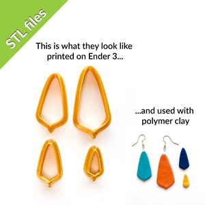 May include: Four yellow plastic molds for making polymer clay earrings. The molds are in two sizes, with two of each size. The image also shows four earrings made with the molds, in blue, orange, and yellow.