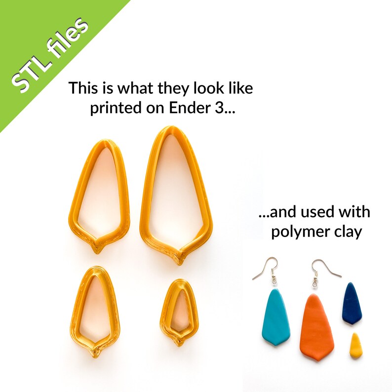 May include: Four yellow plastic molds for making polymer clay earrings. The molds are in two sizes, with two of each size. The image also shows four earrings made with the molds, in blue, orange, and yellow.